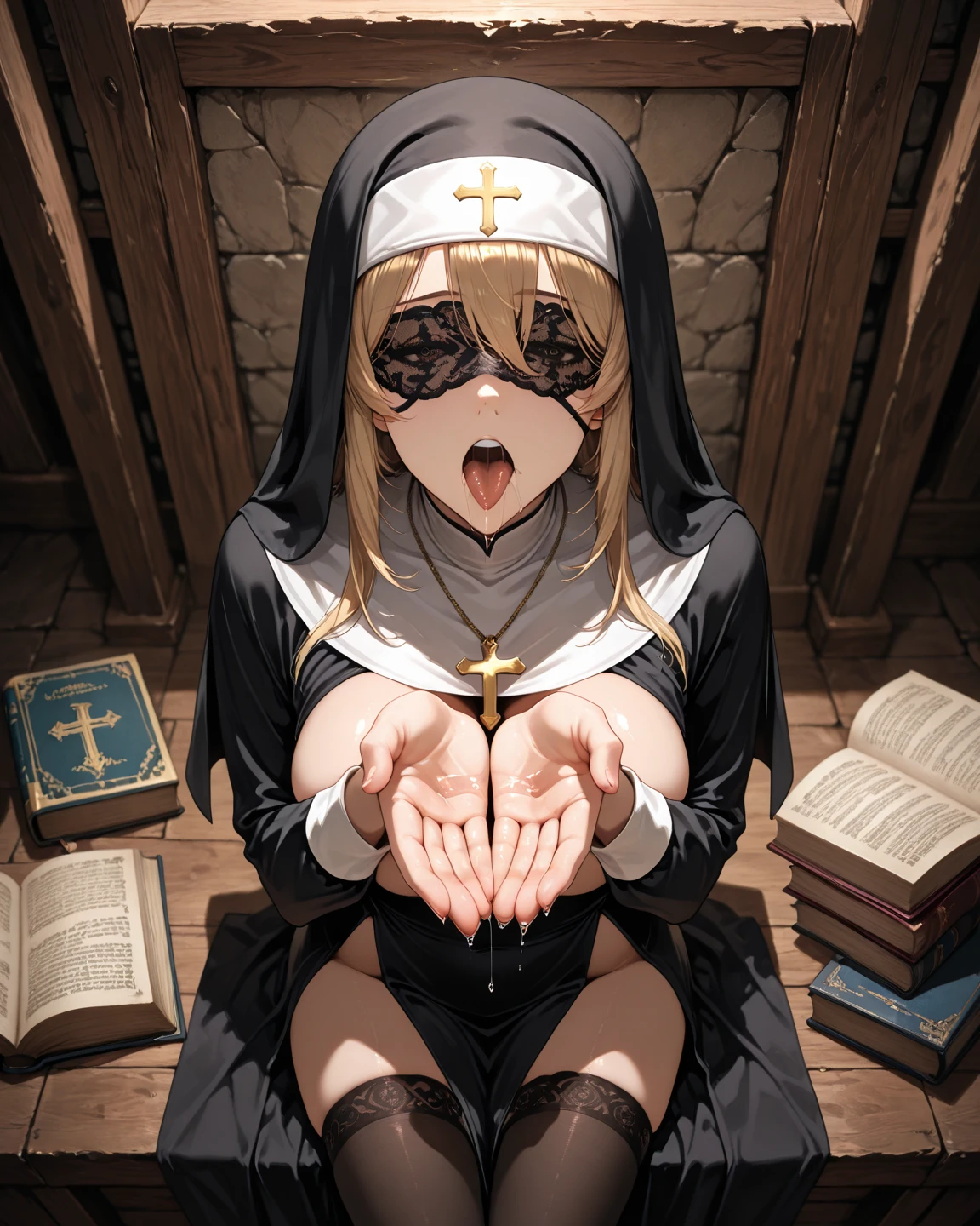 (Best quality, 8K, Masterpiece:1.3, 1girl, Beautiful girl), cute, Dynamism, Detailed face, Detailed skin, detailed clothes, Detailed eyes, Detailed lips, Detailed tongue, Detailed fingers, Detailed mouth, Photorealistic, Raw photo, highres, hight resolution, Natural lighting, dynamic pose, perfect anatomy, toned legs, double eyelids, tear bags, round eyes, moist lips, sweaty, (nun, gothic nun costumes, (lace blindfold)), close up, upper body, cross motif, cross, breasts, gothic church, (paizuri invitation:0.5), yellow hair, blush, sheer, prayer, praying on cross hands, knee down