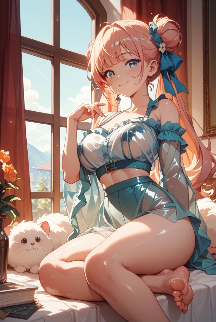 Realistic image, detailed image, coherent image. 1 beautiful elf. dressed in a transparent nightgown. She has long, curly orange hair, styled in a ponytail. Green eyes with long eyelashes. Sensual expression. She has rabbit ears and tail. She has a curvy body, medium breasts, thick thighs. She is sitting cross-legged. She is in a penthouse on a starry night. View from above. Arching her back. Soft focus, Dramatic shadows, Volumetric lighting, natural lighting. ISO:100, F1.4, --equals 2