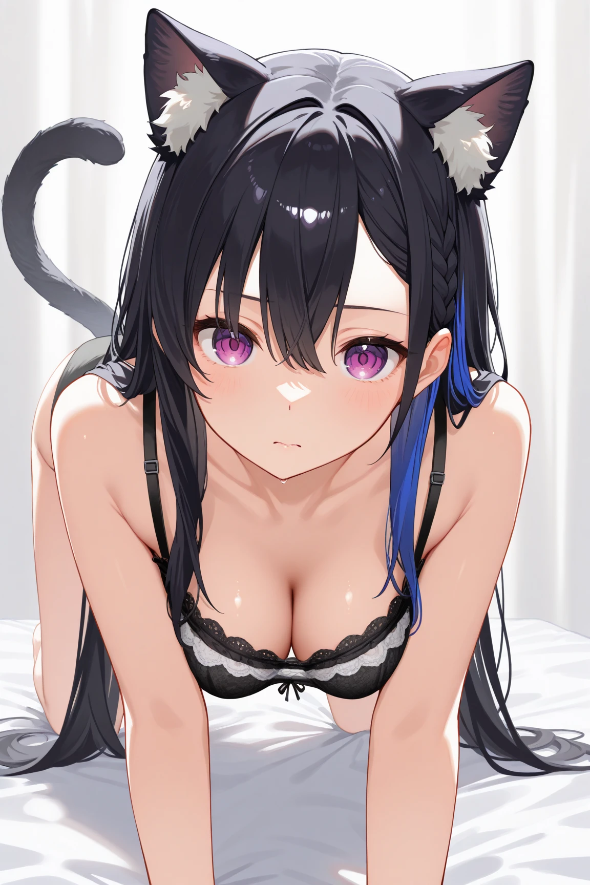 serika_bluearchive,cat ears,looking at viewer, little smile,slim, dizzy, big-chest, wide hips, perfect waist, day atmosphere, hair ornament,legwear,pantyhose,lying on bed