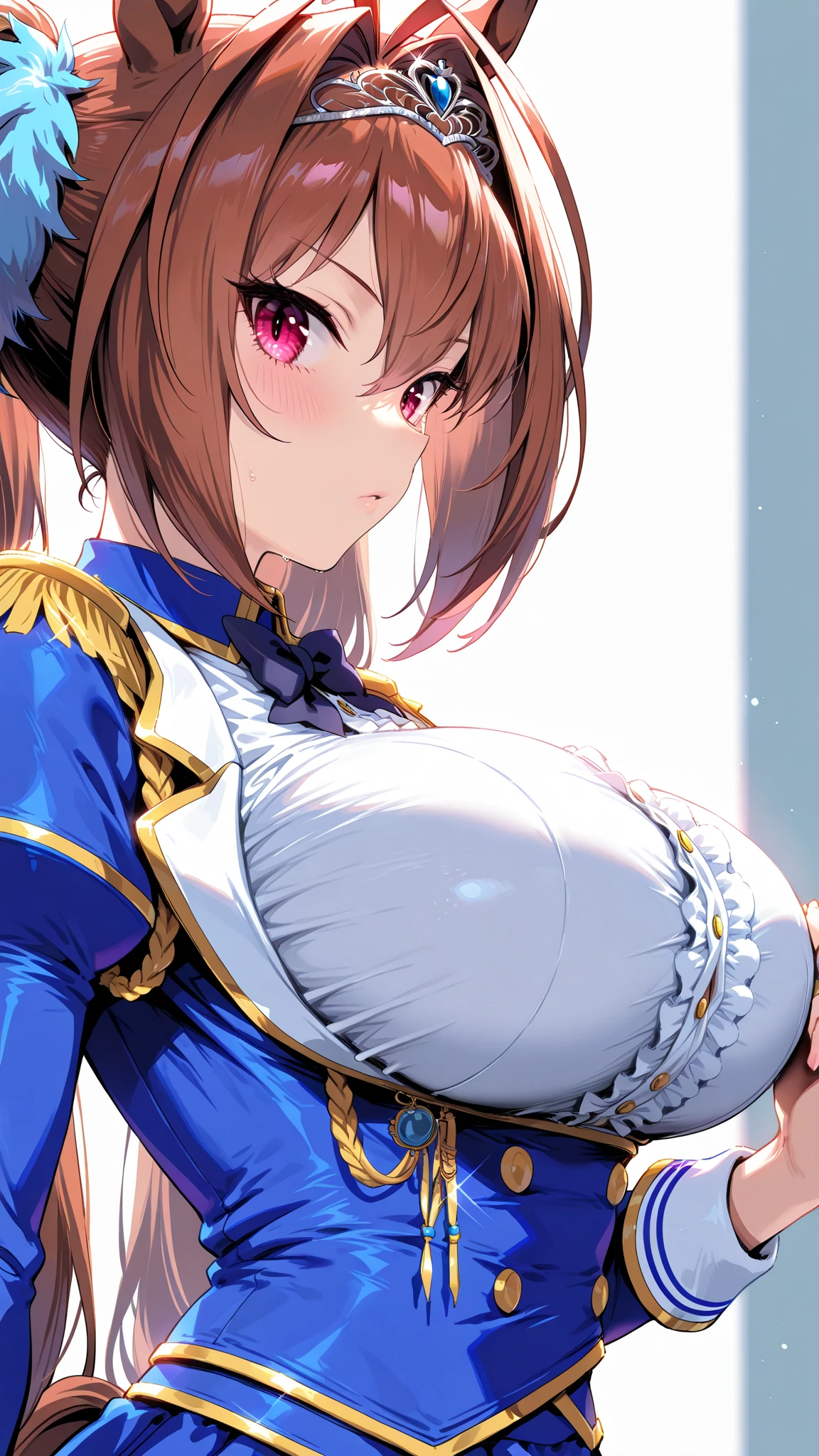 (sexy-style), floral background, romance manhwa, 1girl, nicenature, solo, horse ears, horse girl, flower, wedding dress, tiara, white dress, gloves, long sleeves, thick eyeblows, vail, white gloves, purple bow, purple flower, standing, necklace, bow, jewelry, happy, looking at viewer, white background, closed mouth, collarbone, smile, puffy sleeves, hands on hip, upper body, parted bangs, brown hair, frills, bangs, cowboy shot, gigantic sagging breasts, cleavage