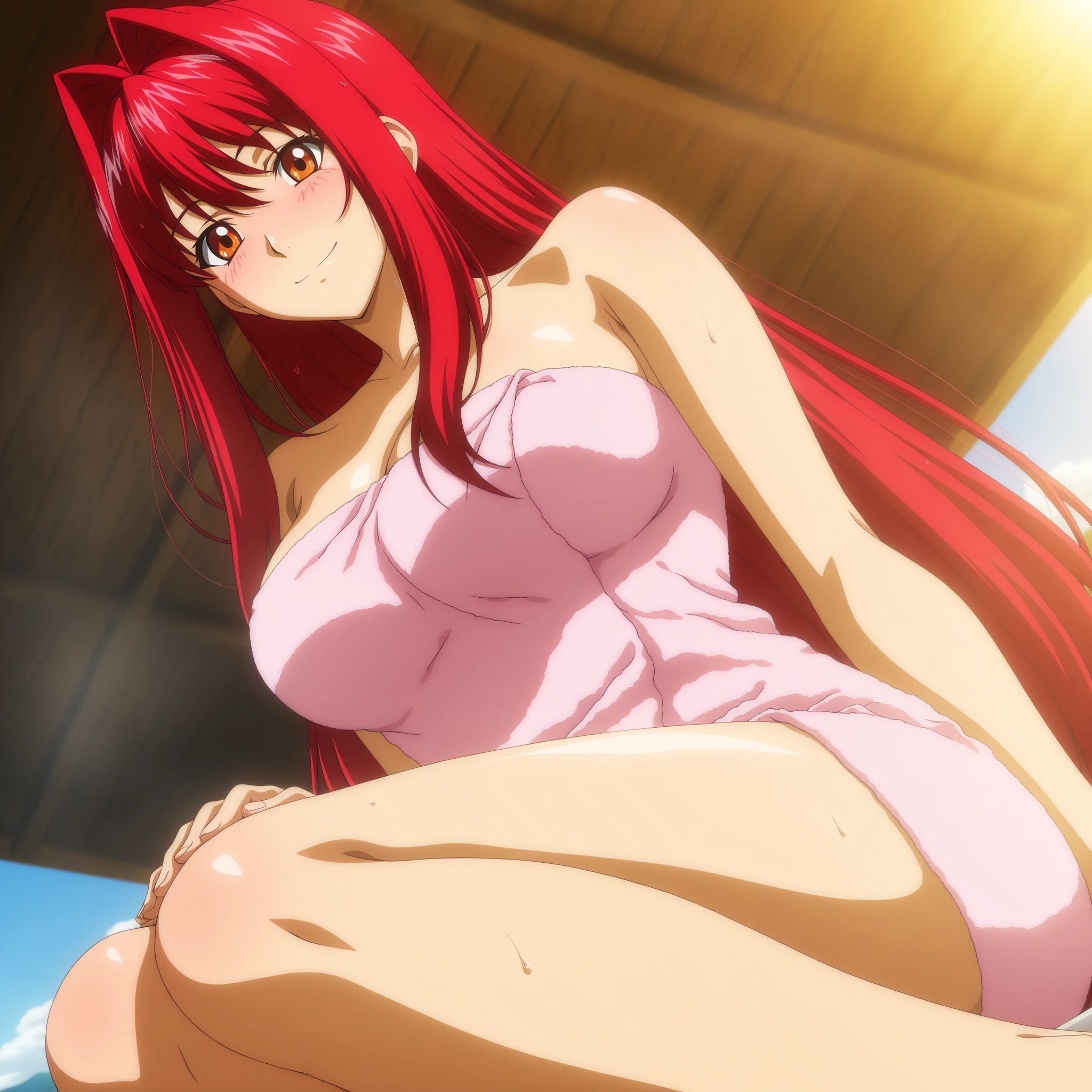 masterpiece, best quality, beautiful art, high resolution, well formed hands, body and fingers, 1 woman, solo, Stella Vermillion, grown up, adult, big breasted, cleavage, full body, cosplaying as Mai Shiranui, long hair , hair ribbon, gorgeous legs and thighs, ryona , in peril, , defeated , knocked out, passed out, unconscious, closed eyes, laying down on the sand, exposed extended body, sexy defeated pose, sexy smirk on her face, showing vulnerability and helplessness, defeat  and KO scene, martial arts tournament on the beach 