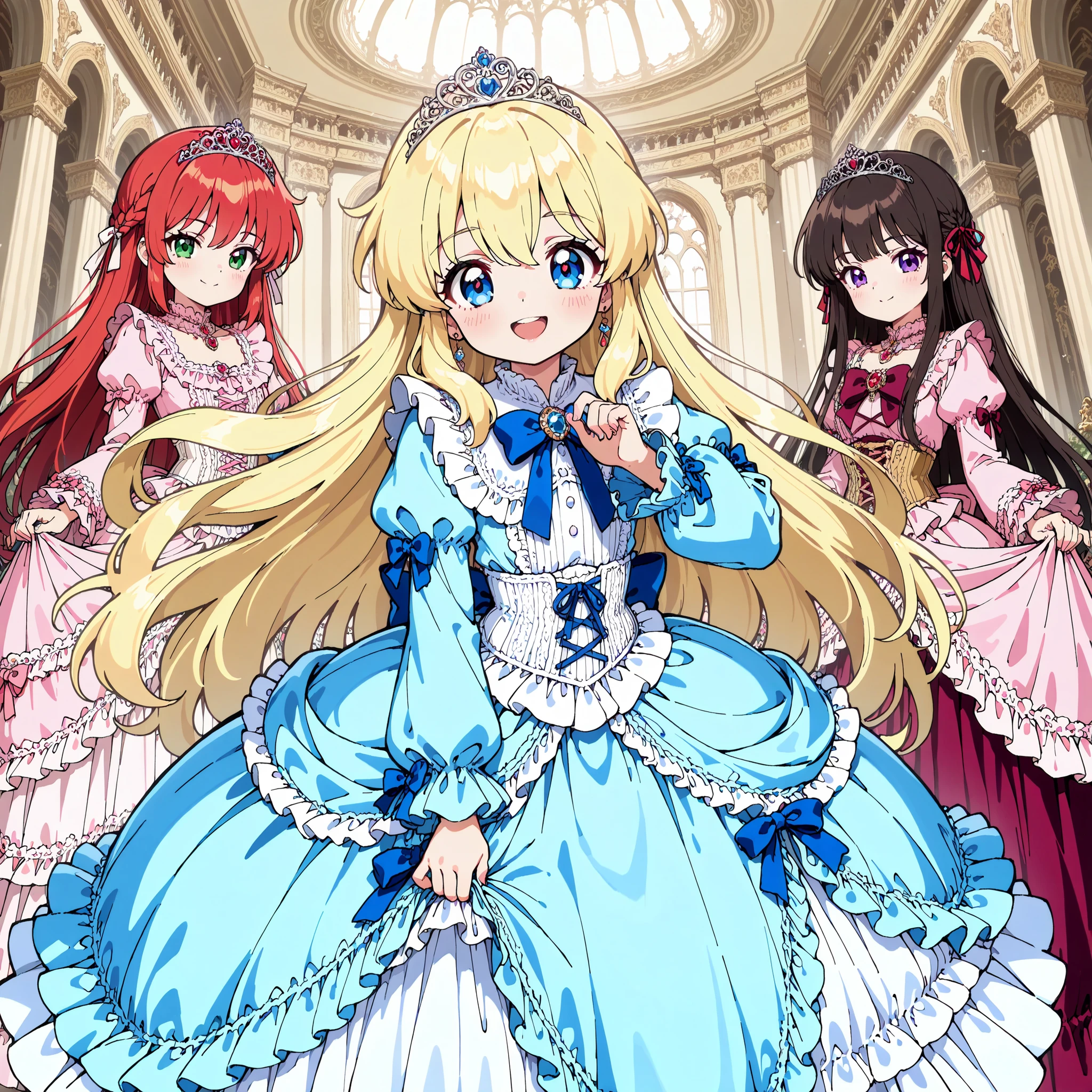 ((Lora:girls book story sdxl:1.1,retro anime,hi vision)),Lot of Cute Princesses,little girls,((wide view:1.5)),she is smiling,((pastel colors Silk Satin Victorian big Ball Gown Dress.:1.0)),detailsed cute face,long sleeves,The dress is decorated with lots of frills and ribbons., frilled yoke collar,detailed corset with ribbons,blond wave Long hair that reaches down to the waist,They are wearing princess tiara on the head,in the luxurious European rococo style palace,