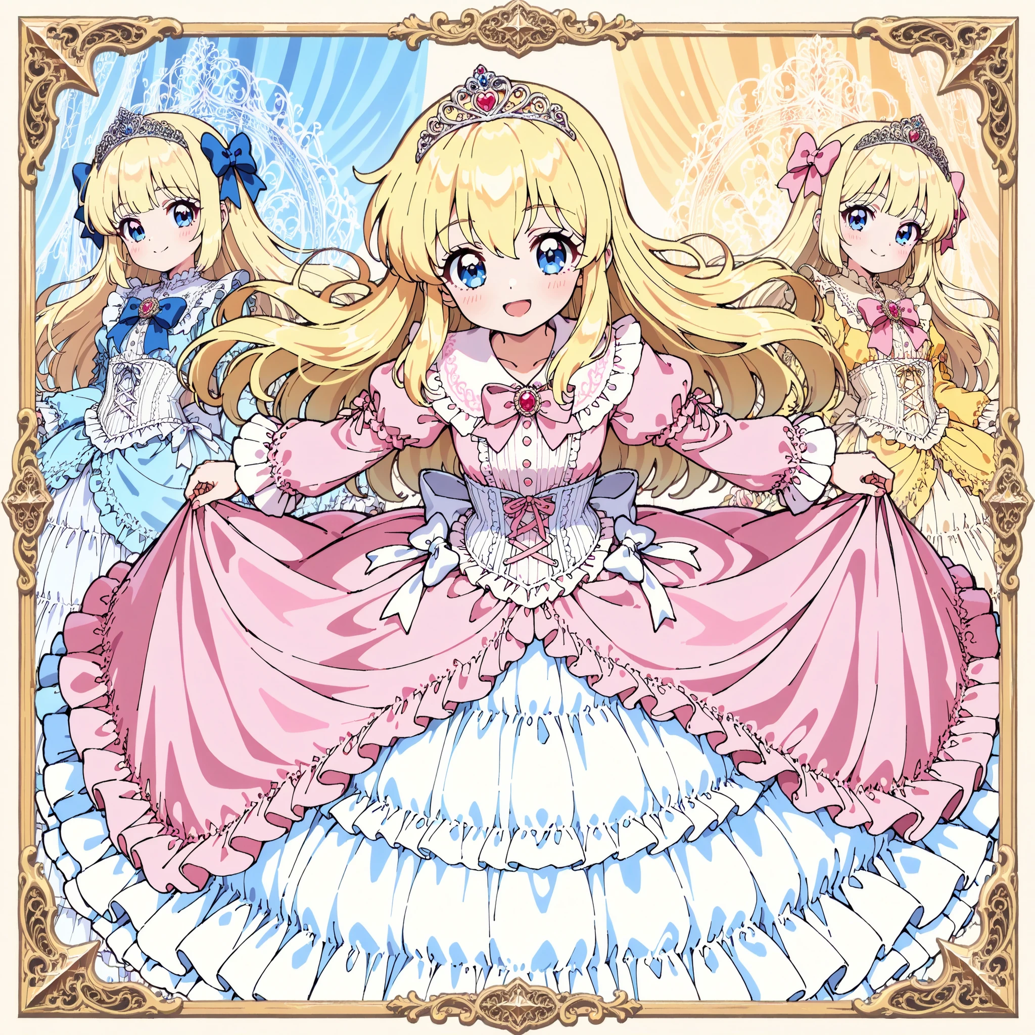 ((Lora:girls book story sdxl:1.1,retro anime,hi vision)),Lot of Cute Princesses,little girls,((wide view:1.5)),she is smiling,((pastel colors Silk Satin Victorian big Ball Gown Dress.:1.0)),detailsed cute face,long sleeves,The dress is decorated with lots of frills and ribbons., frilled yoke collar,detailed corset with ribbons,blond wave Long hair that reaches down to the waist,They are wearing princess tiara on the head,in the luxurious European rococo style palace,