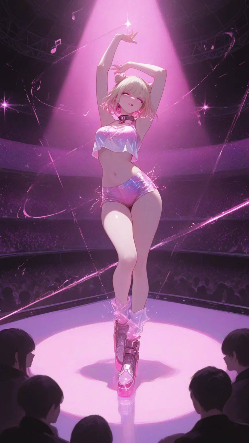 ((Best quality, 8k, Masterpiece :1.3)), 1girl, 14yo, Pretty girl with emphasizing slender abs :1.3, (shiny silver hair, bob cut, bang between eyes, beautiful hair), Indoor, Ultra-detailed face, (bright silver eyes:1.3), beautiful eyes, twinkle eyes, Detailed eyes, embarrassed, smile (neon pink bikini:2.0, pink high heel, neon pink stockings:1.3), standing, full body, full body view, (neon outlines:1.6), (CyberpunkDetails:1.3), (yinji:1.2)