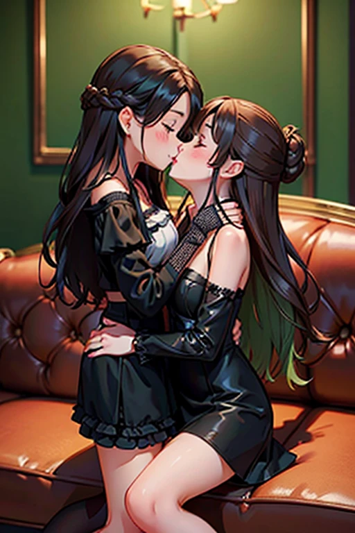 mini dress,off-shoulder,high heels,large breasts, hair covering one eye,dark skin,stand,high quality,
kiss,hug,girls