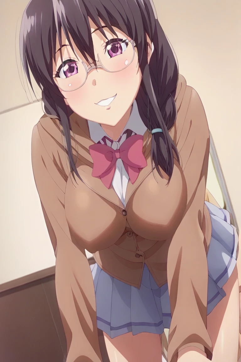((masterpiece:1.4, best qualit:1.4, high resolution:1.4, bright colors, vibrant colors:1.2)), Saitou, 1girl, solo, standing, huge breasts, , glasses, bangs, bow, bowtie, blush, pleated skirt, school background, indoor, purple eyes, upper body, frontal view:1.1, open mouth, arms up, frown, armpits visible, sleevless