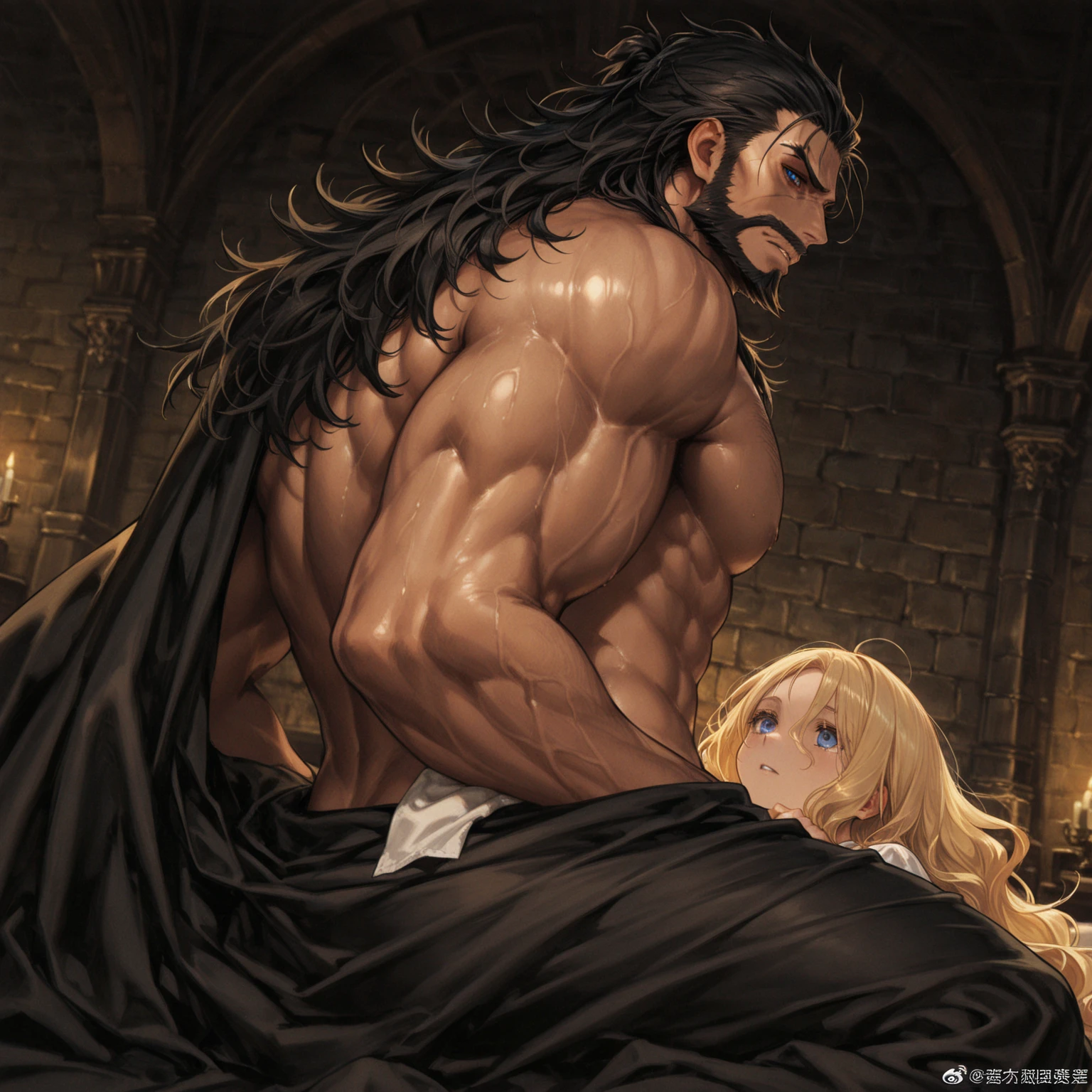 ((Highest quality)), ((masterpiece)), (detailed), (Perfect Face)、The woman is the Greek goddess Tyatia, wearing a white Doric chiton from ancient Greece, with medium blonde hair and green eyes.、The woman is embraced and impregnated by a middle-aged bearded male god of ancient Greek mythology on a bed in a temple of ancient Greek mythology.、The man is a muscular, middle-aged male god with naturally curly hair from ancient Greek mythology, wearing an ancient Greek Doric chiton, embracing a woman and having sex with her.、A woman is having sex with a man who inserts his penis into her vagina and ejaculates a large amount of semen into her.