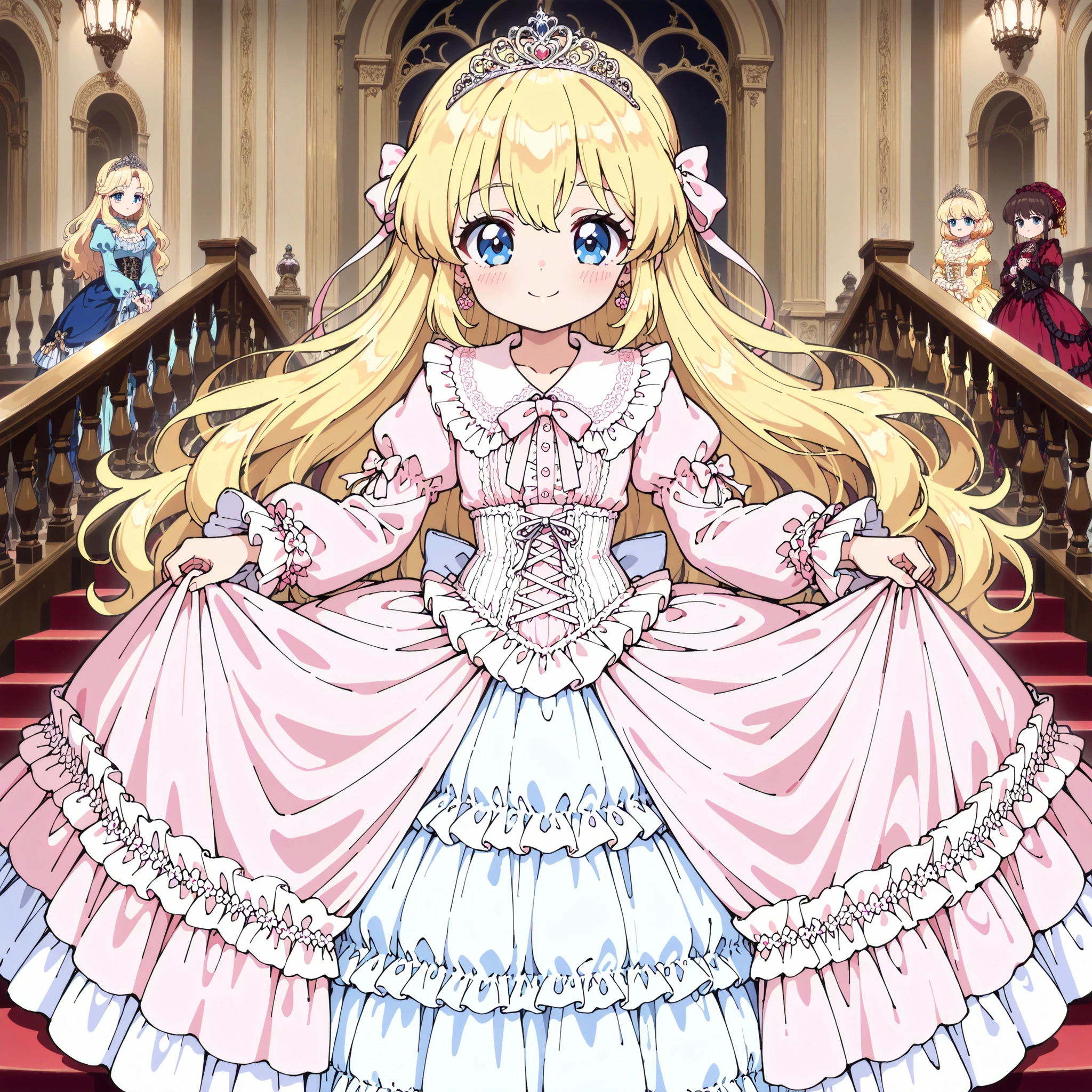 ((Lora:girls book story sdxl:1.1,retro anime,hi vision)),Lot of Cute Princesses,little girls,((wide view:1.5)),she is smiling,((pastel colors Silk Satin Victorian big Ball Gown Dress.:1.0)),detailsed cute face,long sleeves,The dress is decorated with lots of frills and ribbons., frilled yoke collar,detailed corset with ribbons,blond wave Long hair that reaches down to the waist,They are wearing princess tiara on the head,in the luxurious European rococo style palace,