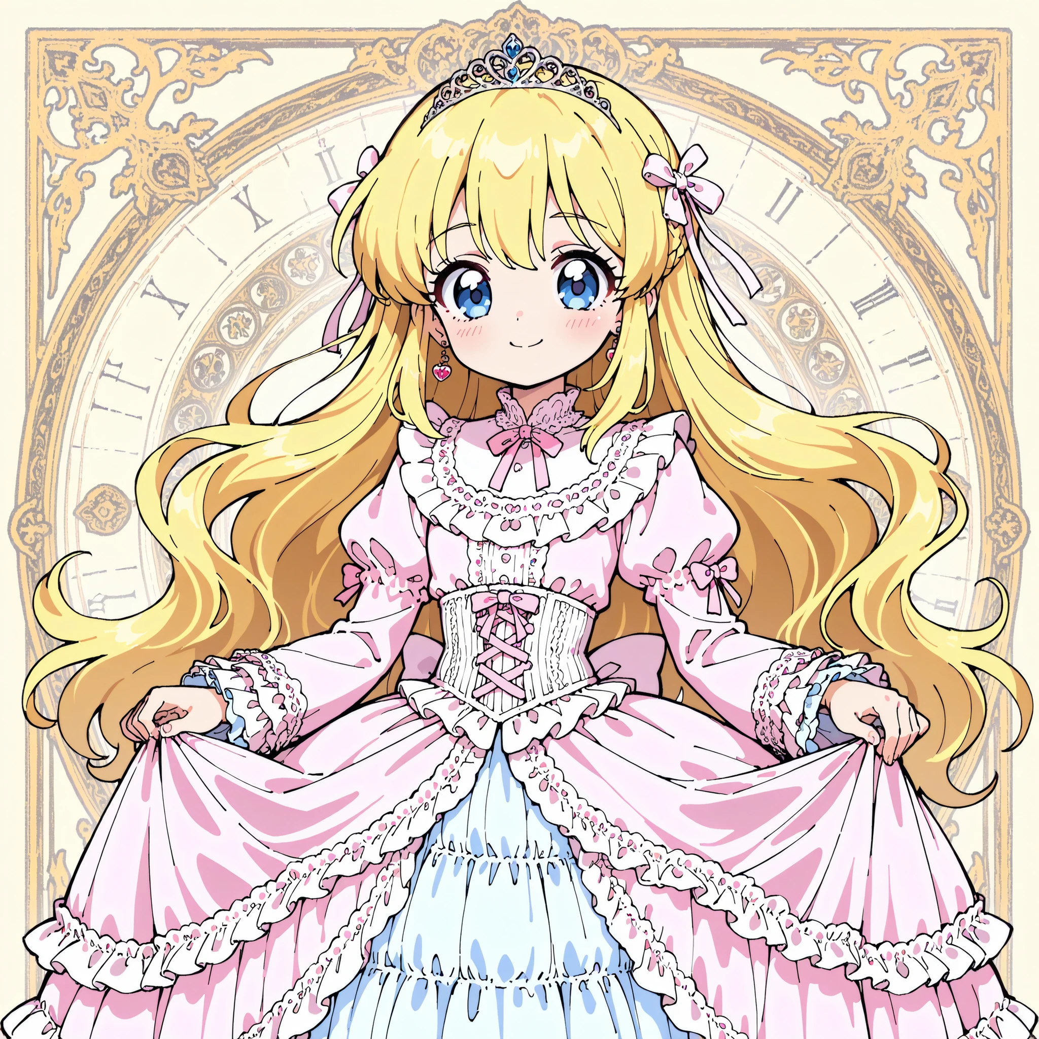 ((Lora:girls book story sdxl:1.1,retro anime,hi vision)),Lot of Cute Princesses,little girls,((wide view:1.5)),she is smiling,((pastel colors Silk Satin Victorian big Ball Gown Dress.:1.0)),detailsed cute face,long sleeves,The dress is decorated with lots of frills and ribbons., frilled yoke collar,detailed corset with ribbons,blond wave Long hair that reaches down to the waist,They are wearing princess tiara on the head,in the luxurious European rococo style palace,