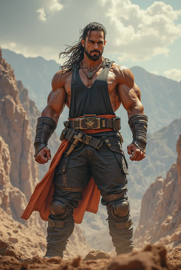 Full-body image from behind of a muscular, tattooed American Indian man, with a black hood and a large black cape covering his back. He has no shirt and wears a loincloth, loose black pants, high black boots and large metal bracelets on both wrists. He's in the Arizona desert, looking up at the sky. Frazetta art style.