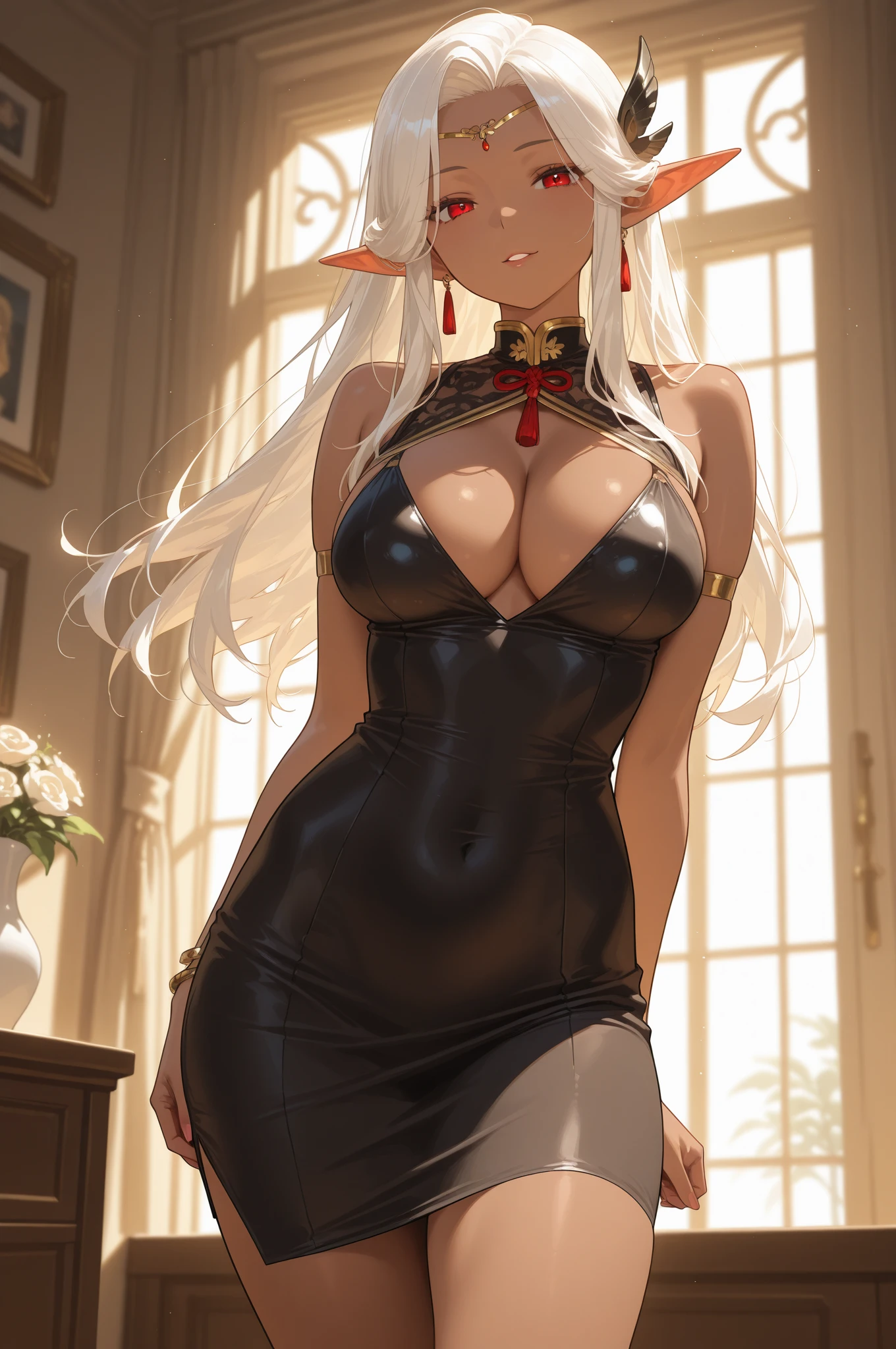 masterpiece, high quality, 1_women, (upper body), (Caucasian skin_complexion:1.4),mature, statuesque, tall, beautiful, exotic, ((looking away from viewer)), facing away from viewer, large breast, nsfw, chest window, ((cleavage)), and halter dress, black ((diaphanous sparkling dress)) with gold trim, black thigh highs, black knee_high boots, ((white embroidery elbow gloves)), long white hair, realistic and detailed face having (yellow eyes), ((dark_eyeliner)), long_eyelashes), natural dynamic lighting casts detailed shadows, inside palace,