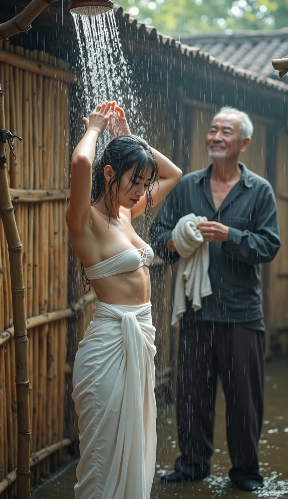 (masterpiece:1.3),(best quality,ultra detailed,intricate),professional photography,professional lighting,HDR,High Dynamic Range,(8k uhd),beautiful and aesthetic,slim waist,looking to the viewer, looking gorgeous, perfect lighting, cinematic shadows, sharp focus, (iridescent colours, iridescent lighting), shiny, High quality texture, intricate details, detailed texture, finely detailed, high detail, High quality shadow,
cinematic lighting, half-body shot,
bathpack2,water,kimono,hot springs <lora:Bathpack2:0.65>, mist, steam, sweat, drops of sweat falling,netorare,
1girl, solo, (beautiful, attractive body, braided hair), (2boys), 3boys, surrounded by boys, woman surrounded by men,
rodo, (old worker), ((retired)),
<lora:add_detail:0.7> ', <lora:rodo_retired_old_workers_JP-010:1>