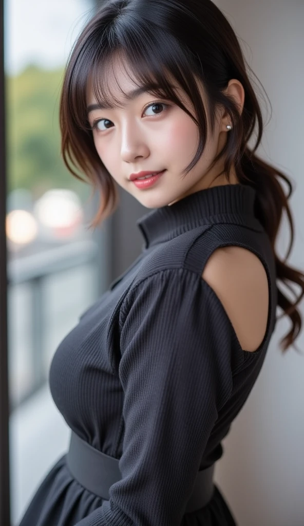1girl,27 years old,solo,long hair,Rough skin,different pose,different angles,with sweatshirt,indoors,(looking at viewer:1.2),polaroid,(depth_of_field:1.5),hair between eyes,moody lighting,Tyndall effect,Cinematic Lighting,lamppost,lens flare,curvy,korea girl,smiling