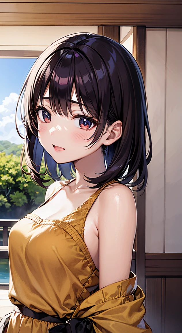 (((Let's think step by step))),Highest quality, masterpiece, Ultra-high resolution, 8k,Show anime style ,Soft Line Art, Digital Enhancement, shojo anime touch, shojo manga core, Flowing fabric, close, Soft Drawing, Ultra-Definition Digital Anime Art, Clear facial depiction, Super detailed girl cartoon character art, Ultra-detailed manga style, Highest qualityの色, (((１People Women))),(A woman with short brown hair),Beautiful brown hair, (((Clear brown eyes))), Slightly chubby,Small breasts,The butt is small,in the forest,White summer clothes,Sunshine shining through the gaps in the clouds,Looking up at the sky,The sunshine hits my face,dazzling,Hold your right hand over your eyebrows to block the sunlight.,Bright expression,A kind smile,Angle that allows you to see all the way to your toes
