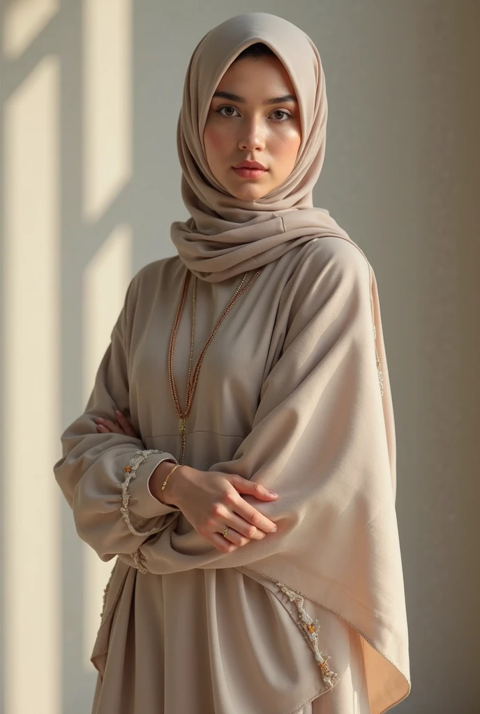 highest quality, masterpiece, attention to detail, realistic, 1 girl, beautiful hands, sexy, whole body, Blissful smile, hijab