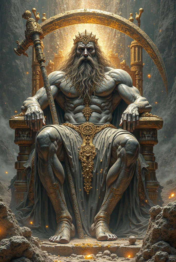 An inspiring depiction of pluto, the god of wealth, seated on his magnificent throne. He holds his iconic trident with a tight grip, enquanto sua longa barba e cabelo fluem na brisa. The scene is evocative, grandiosa e poderosa - adequada para um deus.