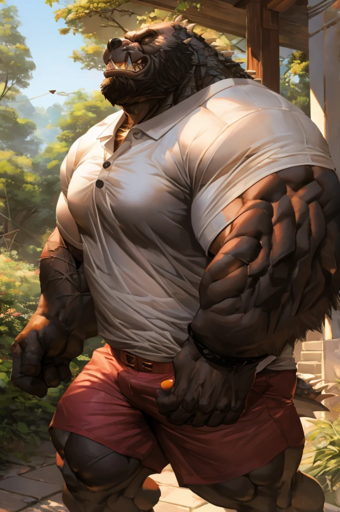 (best quality,4k,8k,highres,masterpiece:1.2),ultra-detailed,realistic:1.37,huge muscular furry Grizzly bear wearing white tank top,white shorts,Brown fur skin,tank top with ripped up,,shorts with pockets,ferocious expression,intense eyes,heavy brown fur texture,lush green garden background,sturdy posture,strong arms,bulging muscles,bright colors,sharp focus,natural lighting,physically-based rendering,bokeh,portrait,creature,animal,artistic style