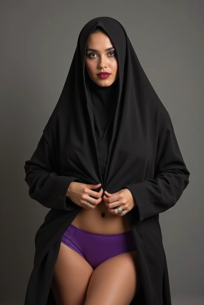 RAW photo,dark,moody,hazy atmosphere,35mm focal lenght,underexposed,cold,candid photograph,artistic,full body,photo of a beautiful,influencer,30yo Kurdish woman,hijab,detailed skin,naked, looking at viewer, thick body structure,grey background,no background, candid pose,dim room,blue light, film grain, kodak color, instagram LUT