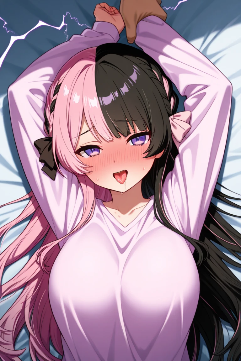 huge breasts, pov,looking at viewer,solo, (leaning forward),((black micro bikini,)),((nose blush)),(slut:1.3),(sweat:1.4),((bedroom,light sparkles)),((white bed)),TachibanaHinano, Long Hair, (Split Color Hair, Black Hair, Pink Hair:1.3), blue eyes,white skin,embarrassed laugh, mesugaki,open mouth,