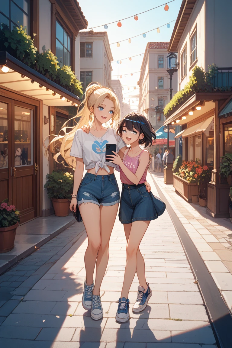 Ai animated Beautiful female character who is walking at the side of road with in front of camer photos and take one photo in front camera wearing summer season clothes and white silkin colour hair shining with long hair at the top of city building she sited at the last corner building talking with her friend with laughing and smile to sitting with her friends in the long green garden to sit on the bench to sit down with her friends and the second one friends hair colour is green and yellow and her hand is behind the body
And bring a red and blue colour rose in his hand