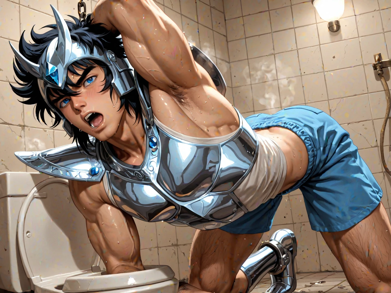 1man,solo,4k,8k,ultraman taro pin up,photo realistic,gay,bara,nude,naked body,slim body,human skin color,hairy body,slim body,head only ultramantaro with naked human body,small penis,shower room