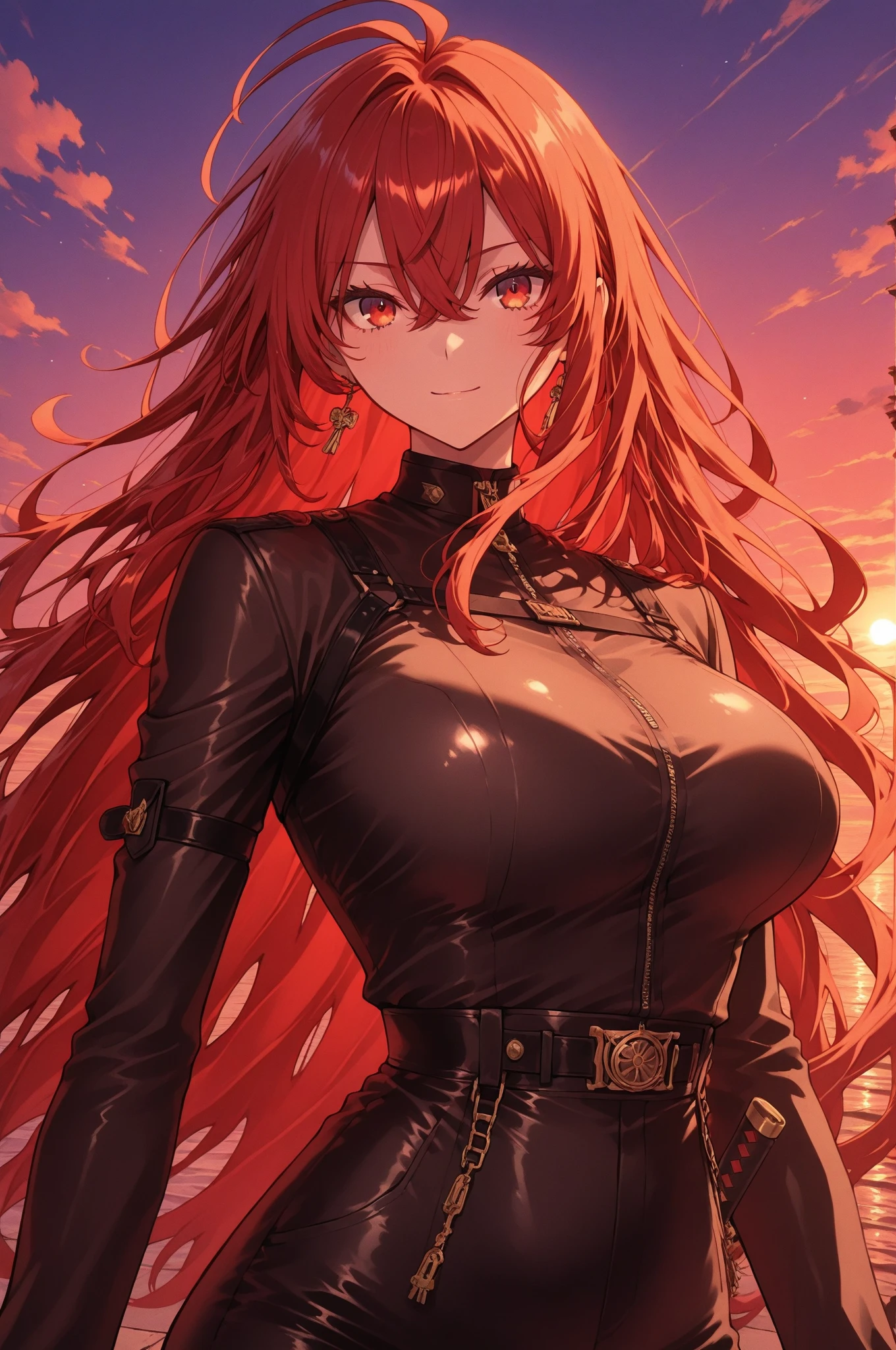 A girl with red hair and yellow eyes,that has very very big breasts,Demon Slayer in Demon Slayer Uniform Kimetsu no Yaiba Pillar Kimetsu no Yaiba. The Warrior 