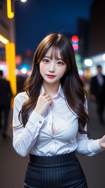 8K, Ultra-high resolution, Highest quality, masterpiece, 三分割法によるphotograph,Surreal, photograph, 1 girl, (16 years old:1.3), pretty girl, Cute face, Beautiful eyes in every detail, 細かくdetailedに,masterpiece,, One Girl:1.2, Japan Female Announcer,whole body,Young Wife, (night, (Neon Signs), (Blurred Background), ((See-through blouse)), (White blouse)), , Very slim, Black Pencil Skirt、Full of cleanliness,A carefree smile,Healing the heart,Semi-long layered hair,Looking at the audience、beauty,Long neck、Laugh a little、Please close your mouth and laugh、(((Ideal body type))),A-cup small breasts :2,、Portraiture:2、Perfect Anatomy、鮮明なdetailed、detailed、Surreal、Light and shadow,Strong light