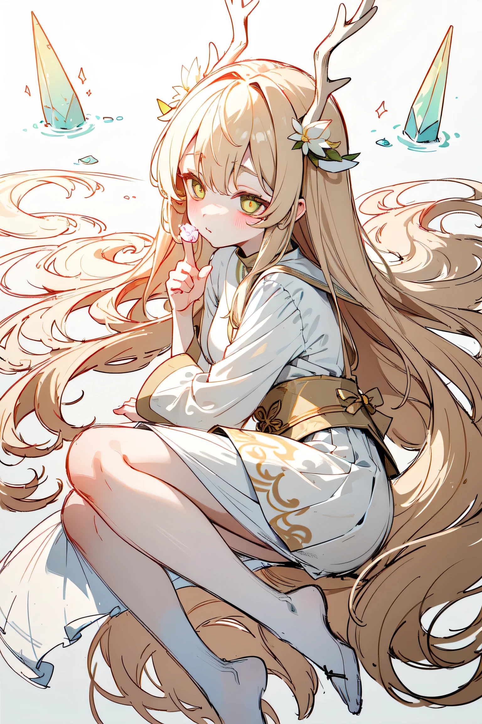 (masterpiece after sex, best quality, ultra high definition, , sketch:1.1), ((Portrait)), Fairy Deer Goddess，distribution，antlers should have a crystal texture，Light blond long hair。such as blooming lotus，add more light yarn to the hem。 skirt，short front and long back version。Reference element：Lotus，Colorful Clouds，Water Waves。full body vertical painting，pure white background