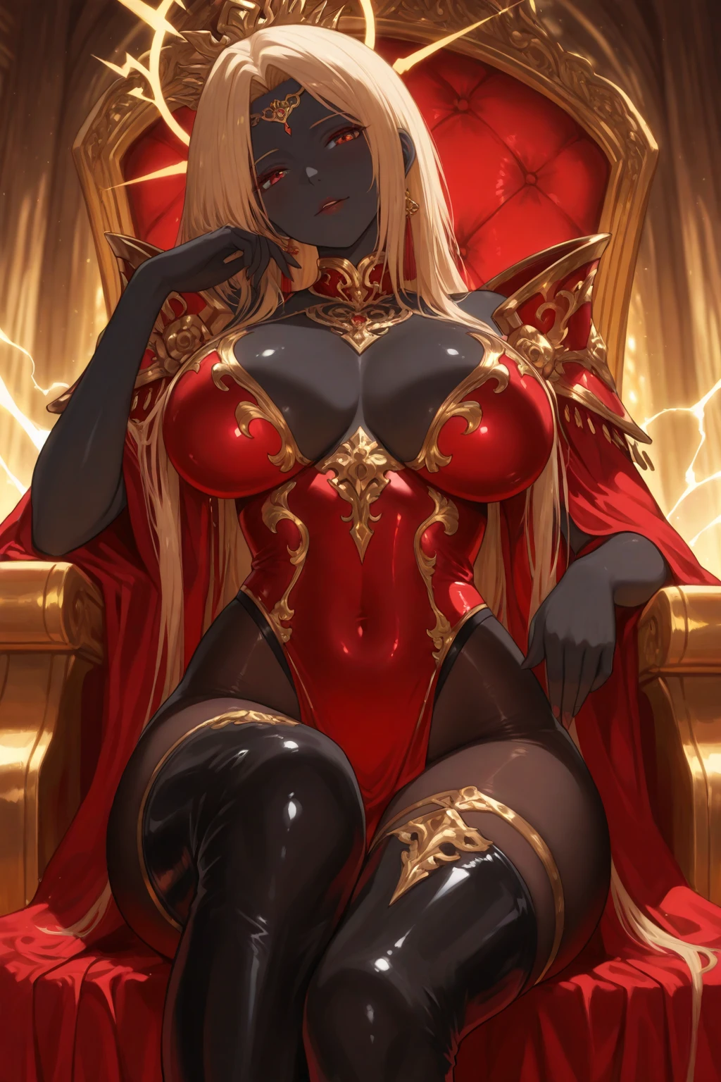 high quality , 1girl ,NSFW , (touch  open pussy:1.5) ,full body,  queen, heart-shaped pupils ,beautiful eyes ,huge nipple, (huge breasts:1.3), (huge ass:1.0), (muscular:1.4), blonde  medium single braid  hair, gold tiara ,gold necklace ,gold earrings , black corset , black gloves ,black knee high boots ,bedroom, 