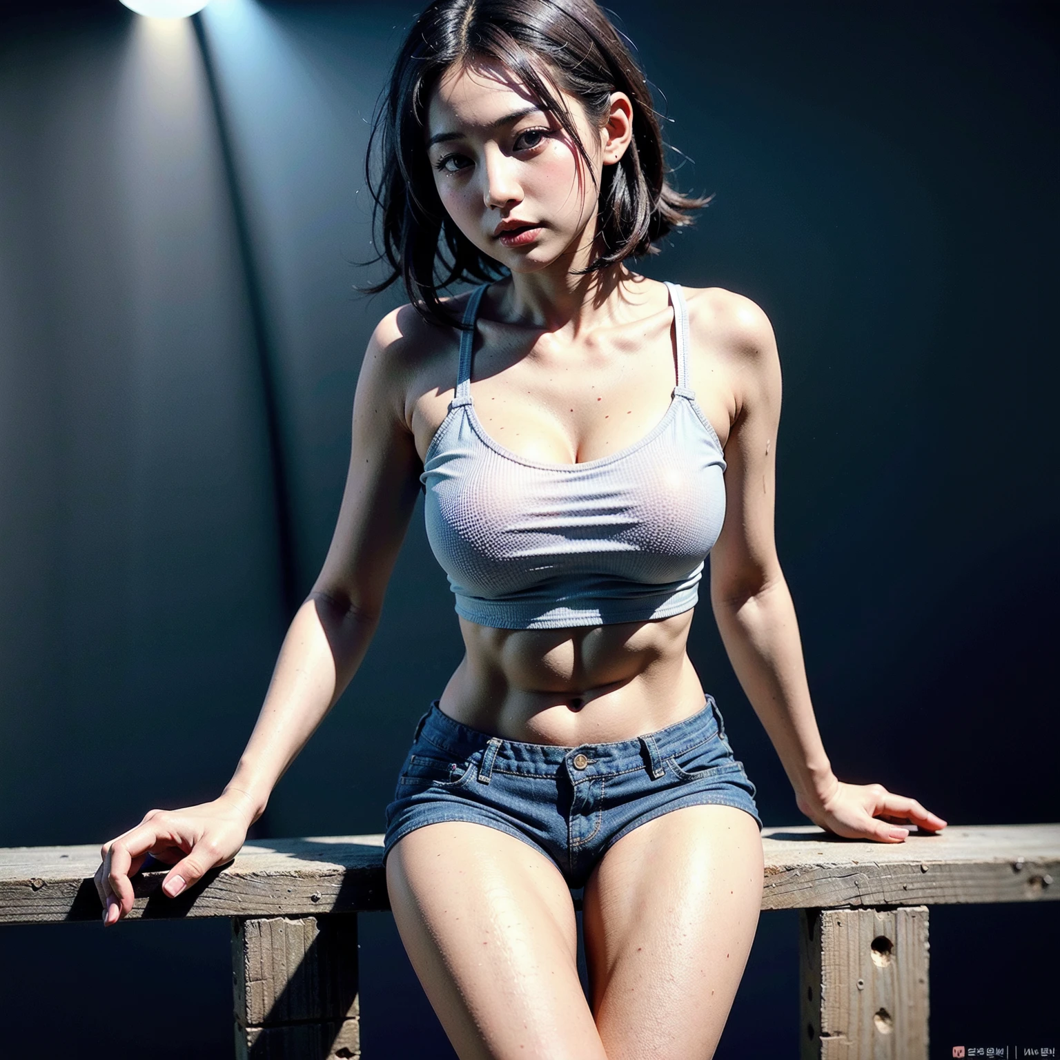 masterpiece, 8k, Award-winning photo, photoRealistic, Realistic, Very detailed, Ultra-high resolution, Ray Trakun, ///one person, The most beautiful, 20-year-old , (sexy, Japanese Idols), ponytail,Long Hair, ///Human details Shiny skin , Detailed skin , Beautifully detailed face , Beautiful details , beautiful 歯, /// break (double eyelid, Droopy eyes), Natural Makeup, Natural Lip, (Brightly colored large breasts:1.2), Sunburn, ///Pose Settings (whole body:1.4), Are standing, (From below:1.2), Remember, ///background break (Black Theme:1.2), Shower room, Blurred Background, Very detailed background, ///fashion
break (Black Theme:1.4), (White tank top:1.4), ((Stomach, belly button):1.3), (Abdominal muscles:1.2), (Combat Boots:1.2),
break (Short cut denim:1.4),  ///Finished ultra-Realistic textures, RAW Photos,Shine,Sweat flies,Wet Skin,Wet tank top