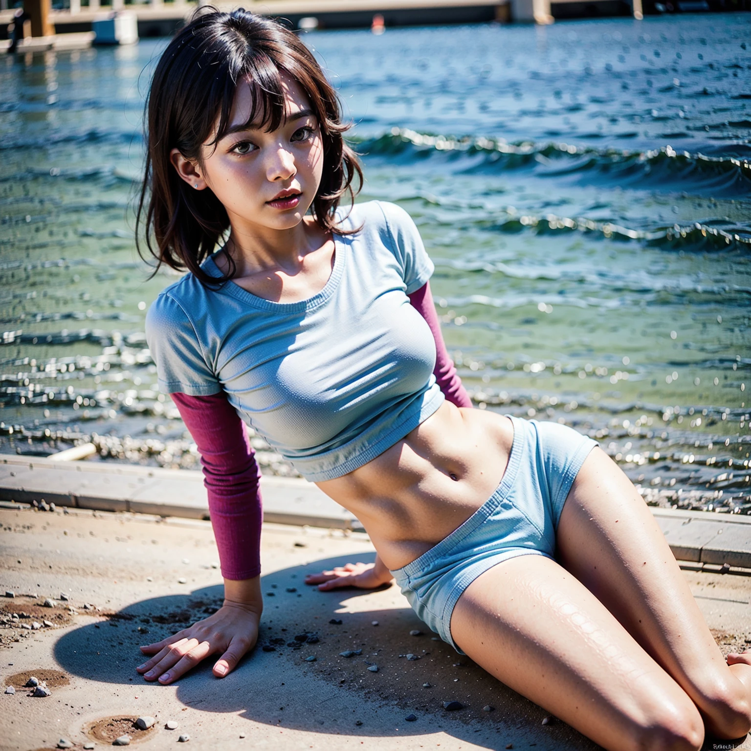 (solo), (a detailed full body RAW photo of a girl), (masterpiece:1.0), (best quality:1.4), (ultra highres:1.2), (photorealistic:1.4), 8k resolution, Canon EOS R5, 50mm, absurdres, ultra detailed, (20yo), sharp focus, cinematic lighting, detailed beautiful face, (no make up:1.2), (ulzzang-6500-v1.1), petite figure, detailed skin texture, suntan skin, flat chest, (skinny and fit body:1.6), thigh gap, detailed brown hair, sweltering,(very short hair:1.5), realistic glistening skin, (sweating:1.45), nfsw, heavy breathing, humid, (small titts, cameltoe, erect nipples:1.5), (fit sports bra:1.2), (mini skirts:1.5) (japanese athlete, flat chest:1.5), well-developed abdominal, blue sky, upskirts, (sit and open legs wide), (spread crotch)