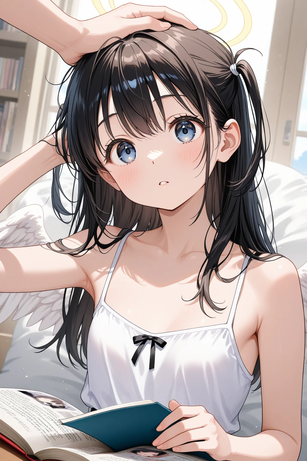 (masterpiece:1.3, Highest quality, Ultra-high resolution, Very detailed), (Realistic:1.1, photoRealistic:1.4), Beautiful illustrations, Perfect lighting,Written boundary depth, Beautiful detailsまでこだわった髪, Beautifully detailed face, Beautiful details, Beautiful clavicle、Beautiful thighs, Beautiful feet, View your viewers, 1 Girl,Perfect Face, (Perfect Anatomy, Anatomically correct),Symmetrical face、Baby Face、((Shiny Hair)),、(masterpiece),(Highest quality：1.3),8K,Very clear,(Ultra-realistic), One Girl,Wide Shot、(masterpiece、Highest quality、Very detailedな)、((1 Girl))、black eye、(8K、Best image quality、Highest quality、Accurate human body、Someone knowledgeable、Correct five-finger、4K - ultra-vivid、Highest quality, masterpiece, Ultra-high resolution,Realistic skin texture、Beautiful skin in every detail、Shiny skin、Glowing Skin, masterpiece)、 Black short hair、Wavy Hair、(((Girl)))、((Embarrassed face))、(((On silk sheets)))、(((Lie down)))、((Flat Chest))、幼いFemale brat、 (((Female brat))),(((Cute Underwear)))