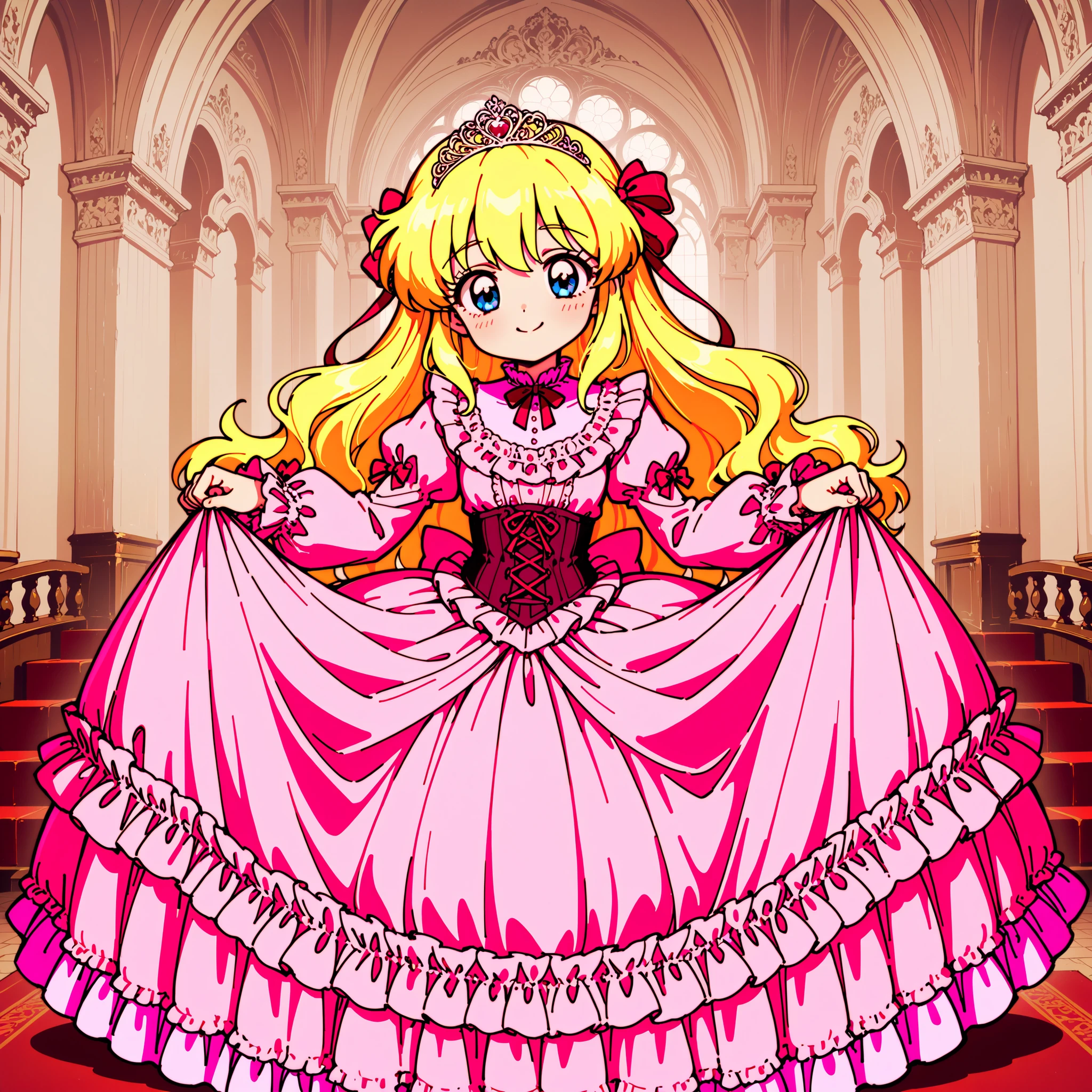 ((Lora:girls book story sdxl:1.1,retro anime,hi vision)),Lot of Cute Princesses,((wide view:1.5)),she is smiling,((pastel colors Silk Satin Victorian big Ball Gown Dress.:1.0)),detailsed cute face,long sleeves,The dress is decorated with lots of frills and ribbons., frilled yoke collar,detailed corset with ribbons,blond wave Long hair that reaches down to the waist,They are wearing princess tiara on the head,in the luxurious European rococo style palace,