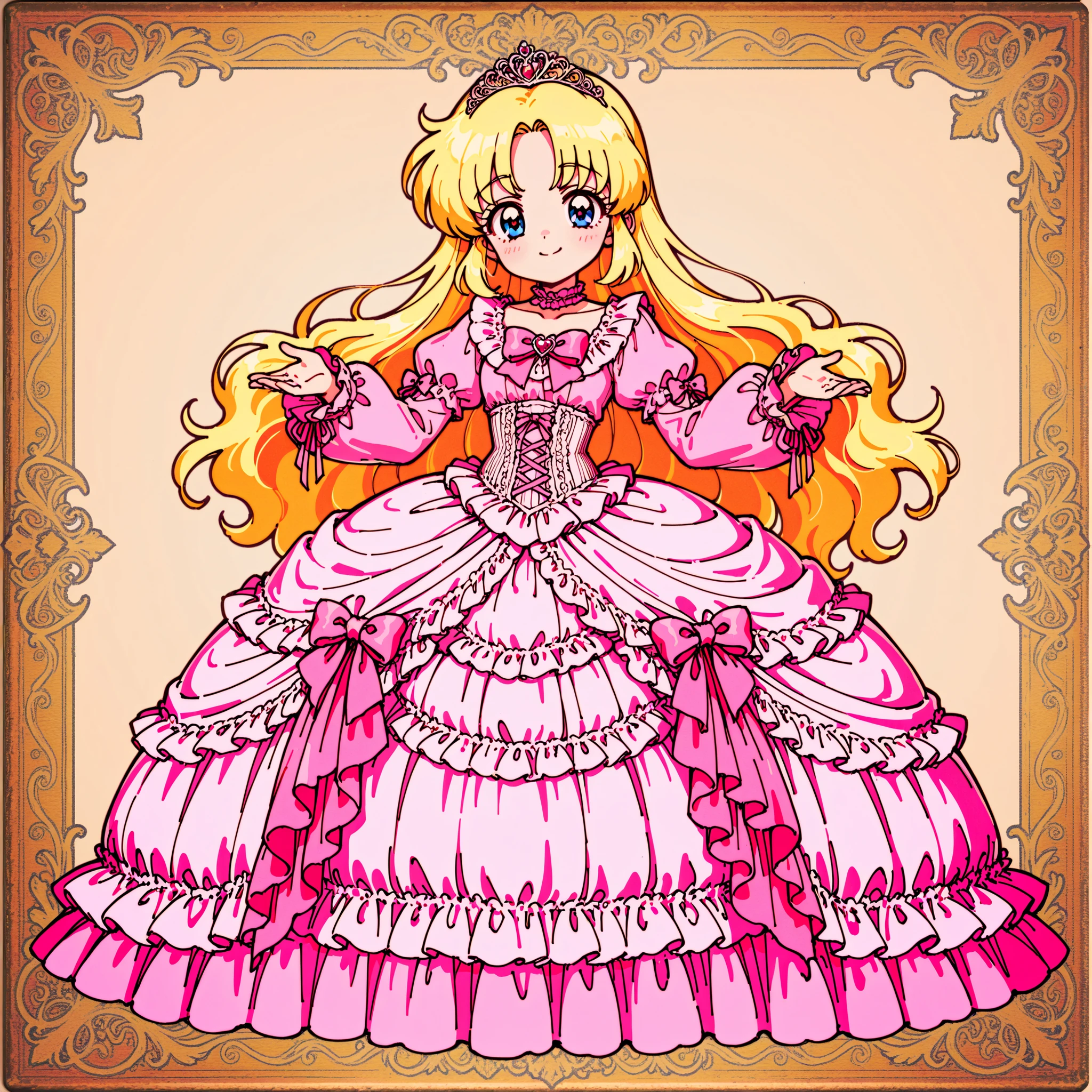((Lora:girls book story sdxl:1.1,retro anime,hi vision)),Lot of Cute Princesses,((wide view:1.5)),she is smiling,((pastel colors Silk Satin Victorian big Ball Gown Dress.:1.0)),detailsed cute face,long sleeves,The dress is decorated with lots of frills and ribbons., frilled yoke collar,detailed corset with ribbons,blond wave Long hair that reaches down to the waist,They are wearing princess tiara on the head,in the luxurious European rococo style palace,