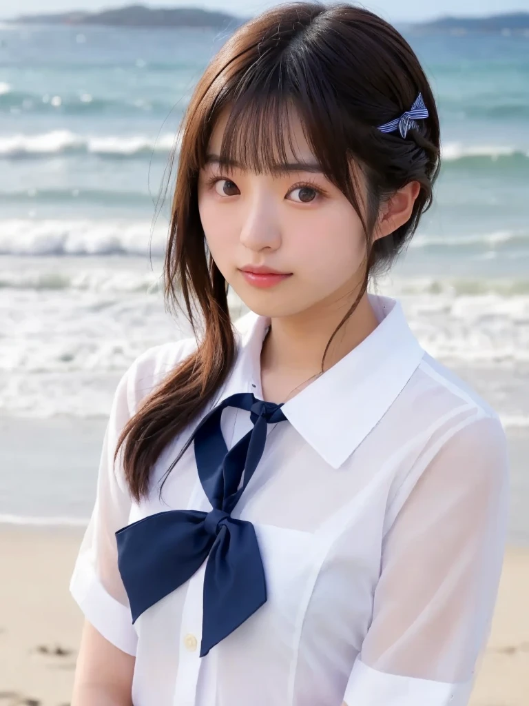8k、RAW Photos、highest quality、Japanese Model、Young Sensual Gravure Idol、A young and cute gravure idol、リアルなYoung Gravure Idol、Real fleshy gravure idol、Young Gravure Idol、A sophisticated gravure idol、Young and thin gravure idol、The most beautiful Asian girls of all time、Sailor suit、mini skirt、Beach,Blur the background、bangs、Wet and shiny eyes、Looking into the camera、Looking up、Pull your chin in、