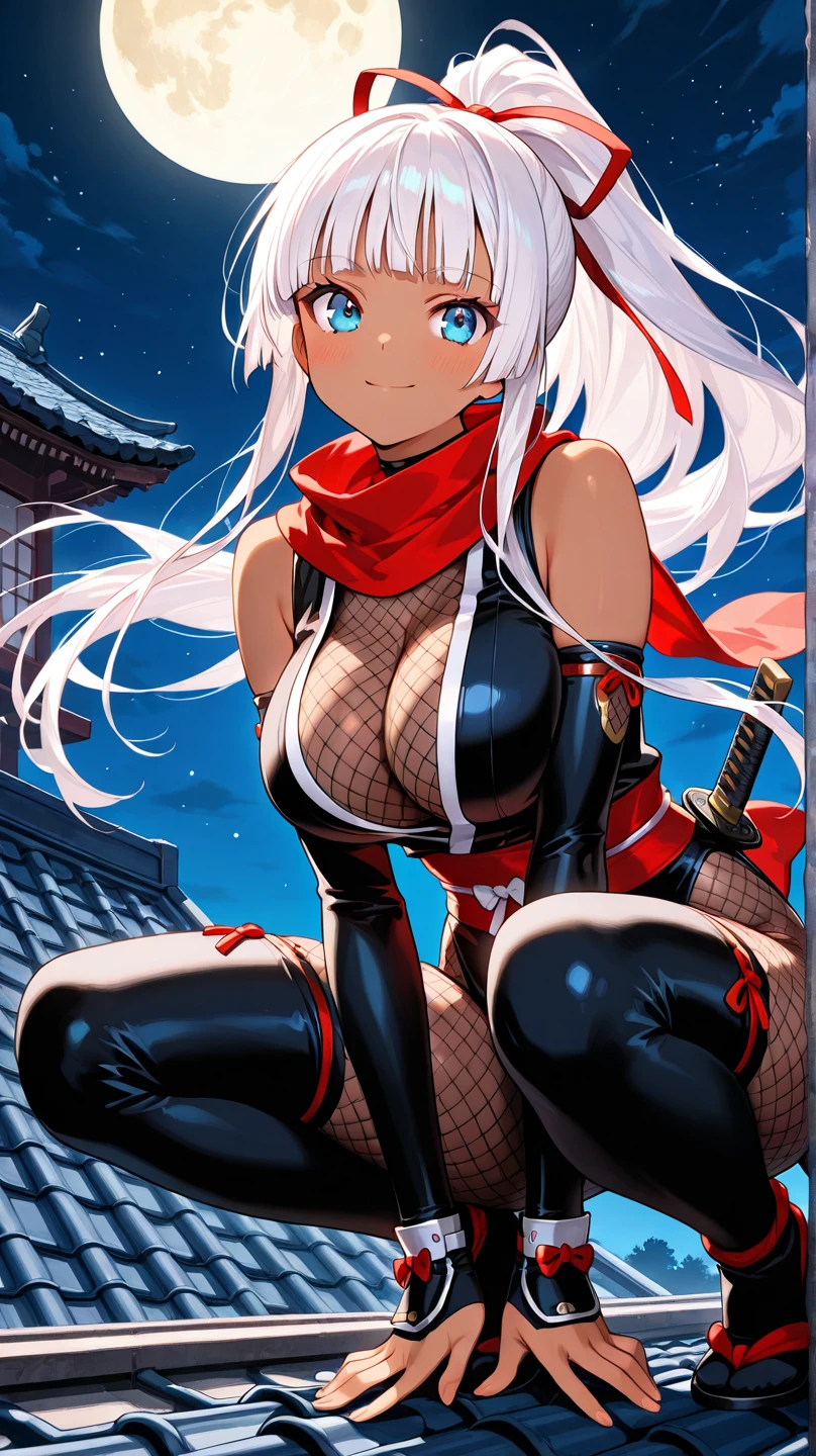1mature woman, full body with costume, a bit big , short shoulder length white hair with blue streaks on it top, two pigtails hair style, the hair is covering her left eye, wearing a plain white mask to cover her mouth and nose, bright blue eyes, wearing a yellow rope tied around her chest to cover her nipples, wearing a long half opened red and white skirt with a black rose pattern that shows her right leg, badass pose, green meadow with mountain in the background , absurdes, high res, ultrasharp, 8K, masterpiece, looking at viewer, big breast, thicc