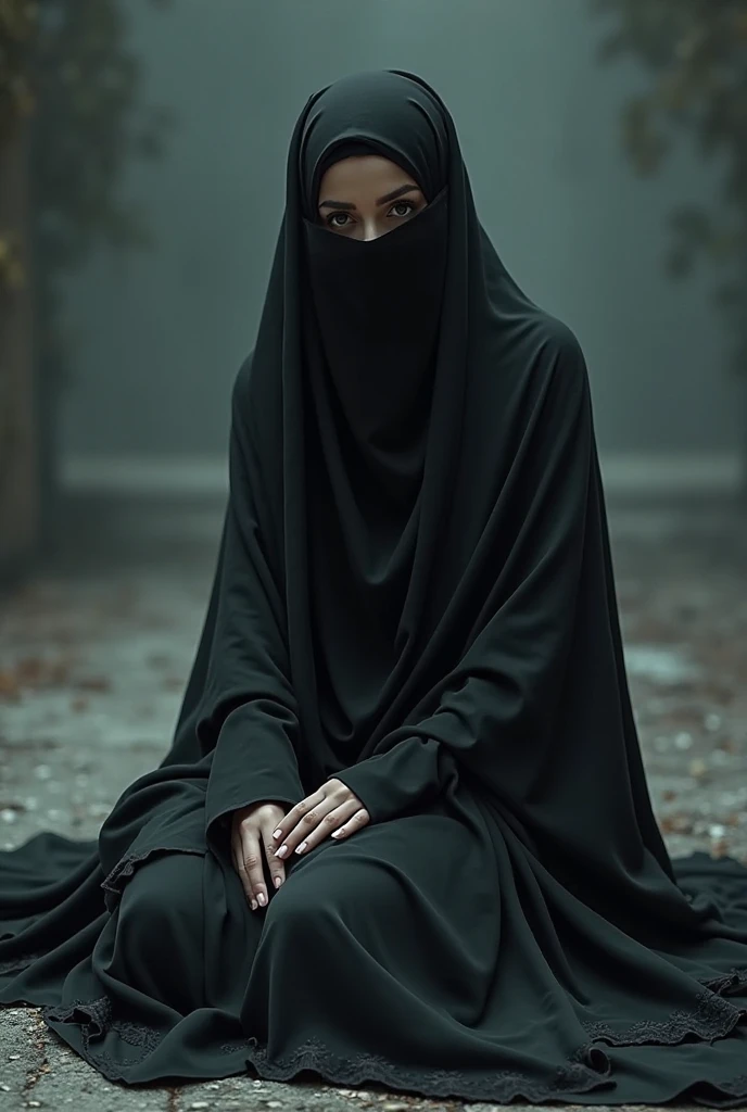 Full body of a beautiful Korean Muslim woman wearing a black mask and a black luxury dress covering modestly,sharp red angry eyes, black boots,sitting on a chair old wooden chair facing backwards in a haunted warehouse background black skull painting,dim light,scary atmosphere,wide shot, realistic, ultra HD