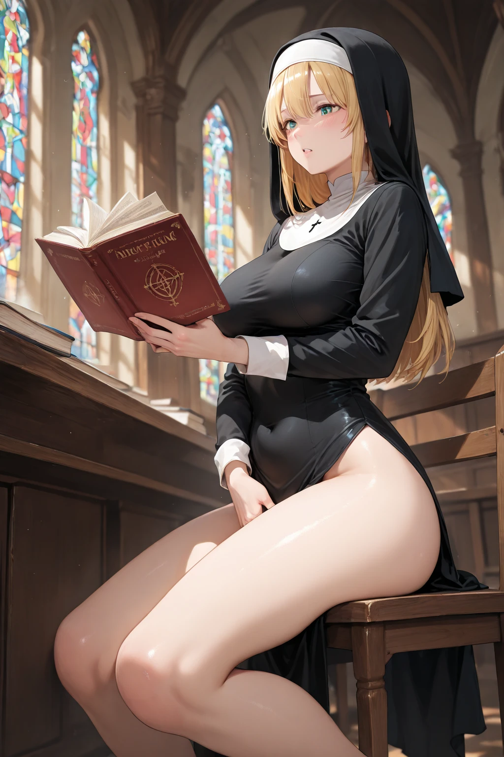 (masterpiece, sidelighting, finely detailed beautiful eyes: 1.2), masterpiece*portrait, realistic, 3d face, lustrous skin, mature female, skinny, large breasts, long hair, nun, squatting on table, holding book, dildo riding, pussy juice, smile, blush, church