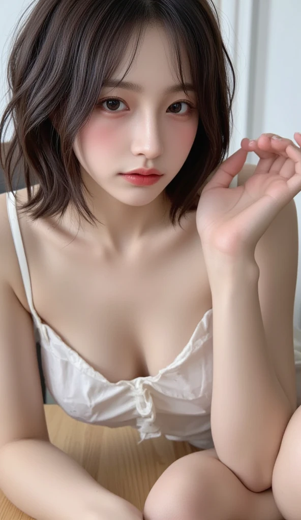 ((top-quality、​masterpiece))、Raw photography、8K、top-quality、 超A high resolution、Beautiful face in every detail、Realistic human skin、Gentle expression、Farbe々From an angle、Bob Hair、realisitic、Photorealsitic、cute little、an lingerie、a bed、a necklace、straight haired、