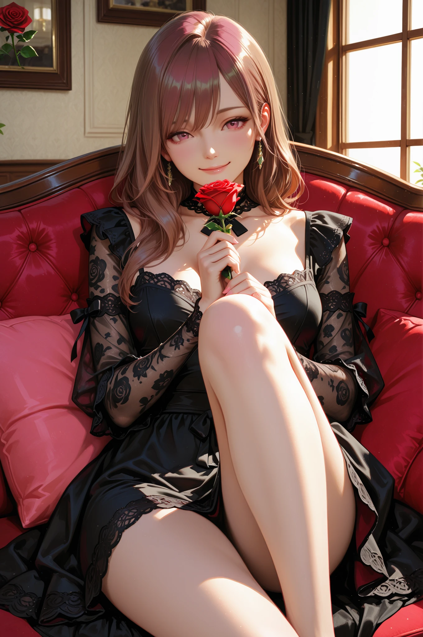 Best Quality,High resolution,8K,finelity detailed background,Masterpiece:1.2),beautiful girl,Shiny khaki hair,crossed bangs,Khaki Eyes,Gentle look,A refreshing look,smile,Best quality,Best Quality,Aesthetic and aesthetic:1.2,Best details((Super detailed))(High-definition CG illustrations),Upper Body, Red underwear,(red intricate lace),Slender body,night,moon,Bedroom,On the bed,smile,blush,cute,Scrounge,Looking up,Being spoiled,super model,wariza,shoot from,below