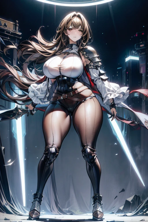 fantasy, 1angel_girl,, ,brown_hair, medium_bob_hair, long_bangs, halo,bare_shoulder,thighhighs,silver_armor, waist_armor, large_breasts,angry,grinning,open_mouth_teeth, 1pair_wings, dynamic_pose_fighting,floating, bare_crotch, headgear,gauntlet, greaves,city_sky_background,slightly_spread_legs, solo, groin_naked,dark_skin,
