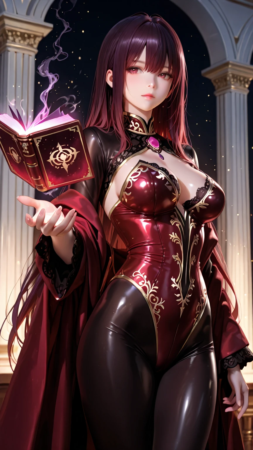 Vampire, beautiful woman, in the magic library.