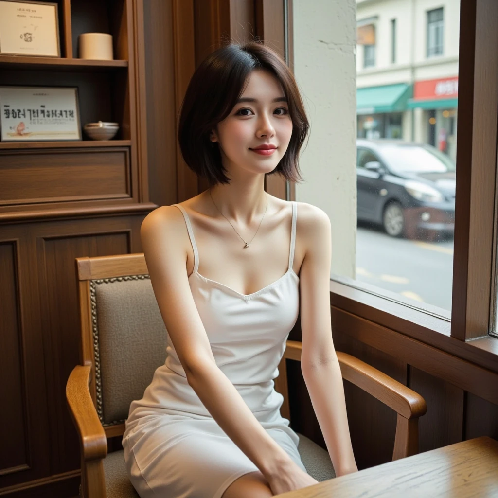 Best Quality, Masterpiece, Ultra High Resolution, (Realisticity: 1.4), Original Photo, beautiful asian girl, Off Shoulder, Cinematic Lighting, Detail skin, perfect skin, detail eyes, perfect eyes, detail lips, perfect lips, perfect breasts, perfect slim fit body, Wear tight dress, short cut dress, Short hair, detail hair, gorgeous hair, wind blow the hair, Perfect lighting, Sit on the chair in the shopping mall, smile, erotic pose, open legs, detail legs skin, open legs
