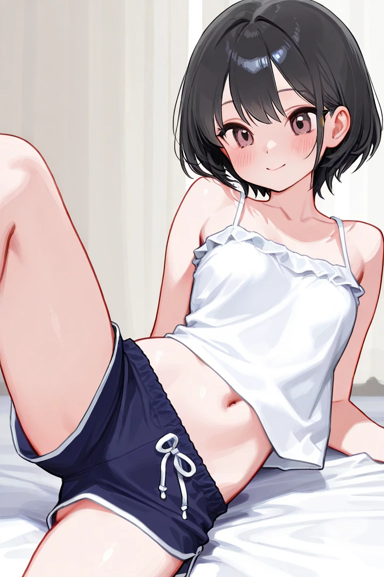 In underwear,Yukimi, 10 years old., Blunt bangs,Shortcuts,Black Hair,,Flat Chest, Expressionless, shy, whole body, Highest quality, School classroom、Angle from below、stand、White sports bra,(White panties:1.4)、Embarrassing,Put your hands behind your back
