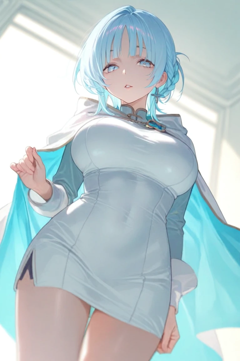(top-quality、in 8K、32K,), nsfw, (Masterpiece, Slim Body, Delicate Fingers: 1.2), Best Quality, (Illustration: 1.2), (Hyper Detail), Eye Focus, Ultra Detail, (Fine Detail), (Intricate Detail), HDR, (Ultra Detail: 1.15), (Soft Light: 1.2), (1 girls), (naked:1.3), (white apron), (covering breasts:1.8), huge breasts, cleavage, thighs, cafe background, (blushing:1.3) (White hair and blue highlights),cyan eyes, teenager, medium short hair, solo, multicolored hair, ahoge, flat chest, mismatched pupils, multicolored eyes, high quality, best quality, full body image,