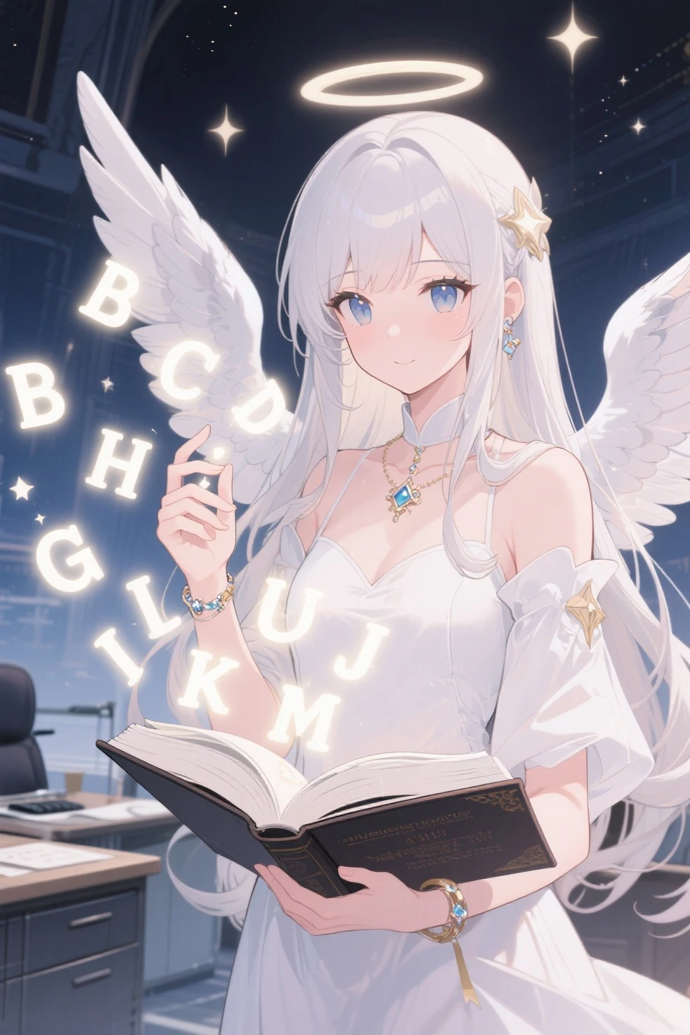 Anime, girl, teenage, short hair, white hair, plae blue eyes, cool, earrings, wearing a white over size t-shirt and panties, cute, angel wings and halo ring, medium boobs, laying on the bed, books,