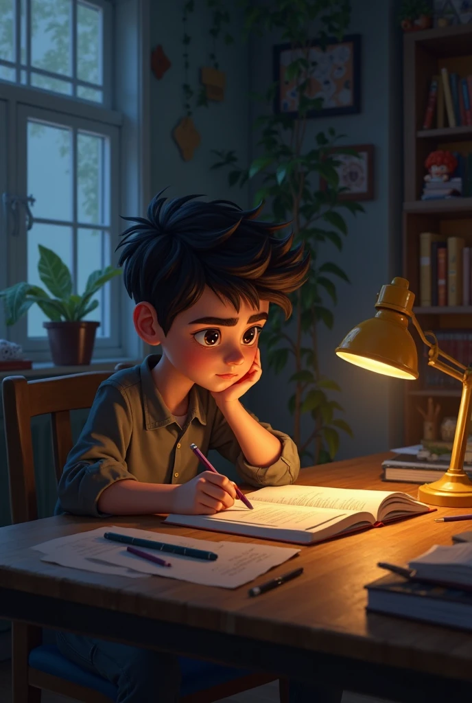A high school boy in glasses sitting at a desk doing homework, wearing a T-shirt. There are a pile of books and test papers on the desk, and a desk lamp. There is a night view outside the window, bookshelves, close-up, high resolution. Illustration, 3D rendering, overclocked rendering, super detailed