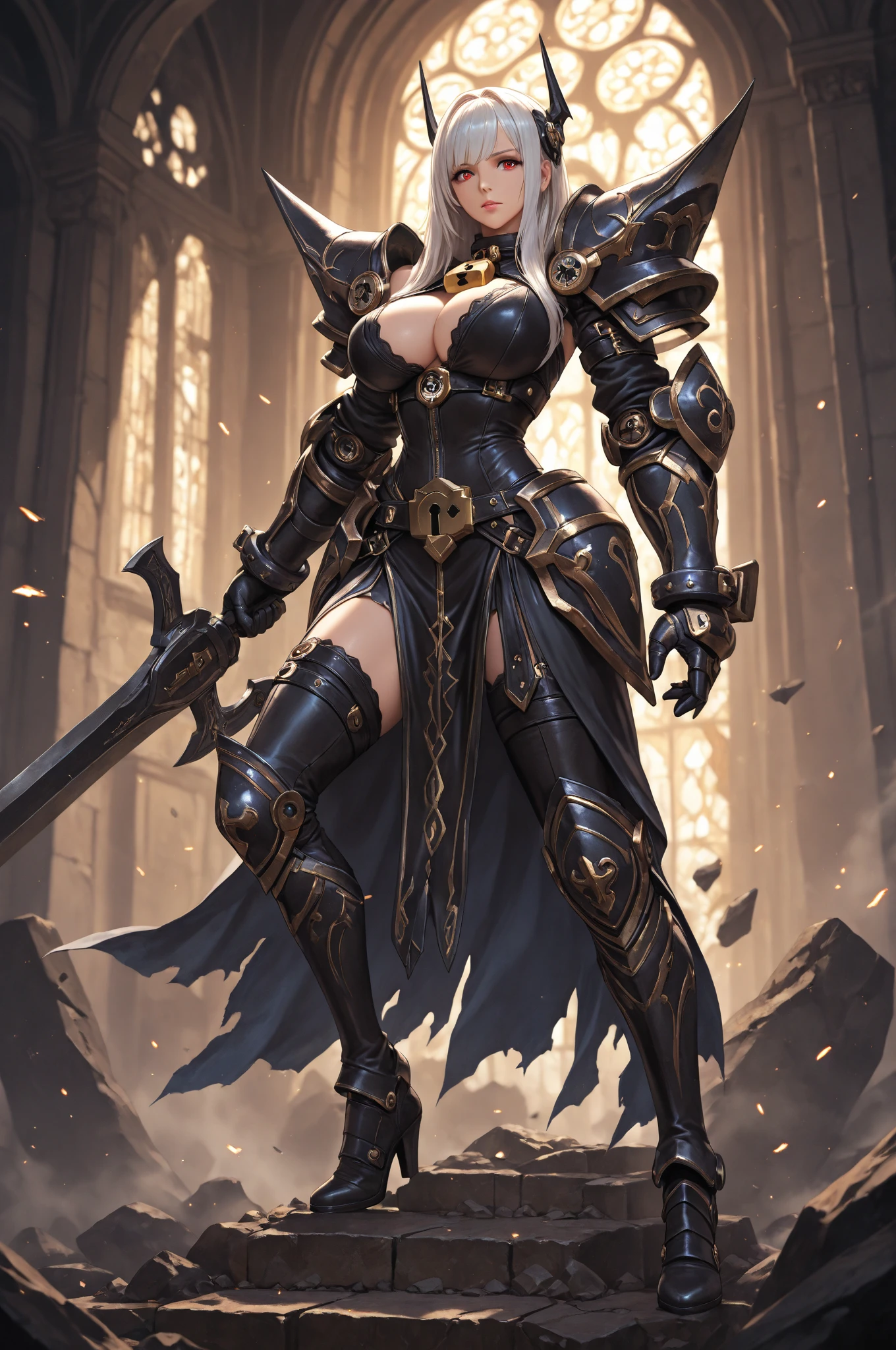 a woman in armor holding a sword and a sword, pale black armor, very stylish fantasy armor, armor girl, epic exquisite character art, wearing fantasy armor, from lineage 2, stunning armor, black armor, fantasy armor, by Yang J, black and golden armor, elegant armor, female armor, dark elf princess, clothed in ethereal battle armor, pretty face, nice face, sexy, sun high elf, big , brown skin face, blond hair, yellow hair, nudes legs,