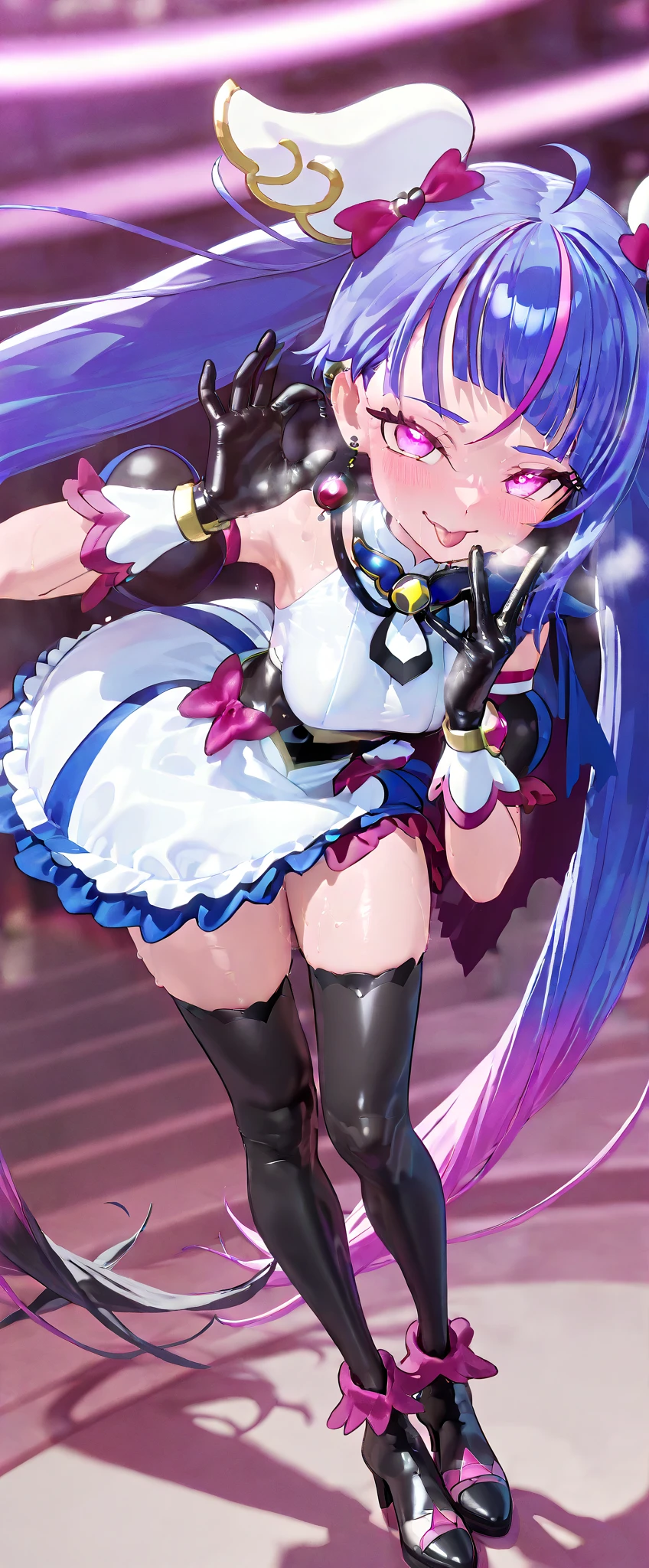 high quality，masterpiece。Cute blue haired human crossdresser，His hair is in long twin tails。He stands upright with his face and body facing the viewer.，True Identity。His hands are empty，Don&#39;t move your hands。he looks like this 。His chest is flat，Good style。He is smiling with a cute face，Eye color is blue，Both are the same color。Magical Girl Costume，Costumes with flashy designs such as ribbons and frills，The costume has a white and light blue color scheme..。スカートはmini skirt，両手にLong gloves，Long socks on both feet，mini skirt, Long gloves, The long socks are all white.。He stands，You are standing indoors。
