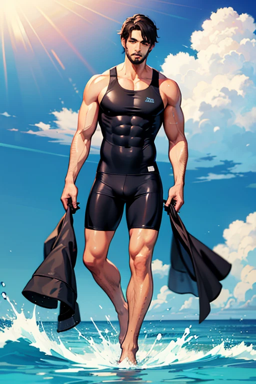 ((masterpiece, best quality, extremely detailed, highres, 8k, detailed face)),Man with his shoulders crossed４People surfers、Depiction of the whole body、Black short hair、university student